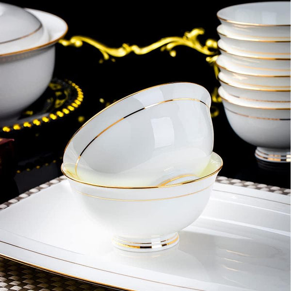 Ceramic Soup Bowls - Set of 5, 10 Ounce Gold Rim Small Bowls, Premium Bone China for Ice Cream, Rice, Dessert