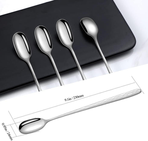 YFWOOD 9.1-Inch Long Handle Iced Tea Spoon - Set of 4 Stainless Steel Cocktail Stirring Spoons, Ice Cream Spoon (Silver)