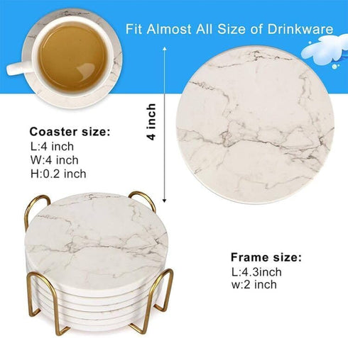 6 Pack Set White Marble Coaster with Holder Absorbent Drink Coasters Ceramic Cute Coaster Bar Dining Coffee Table