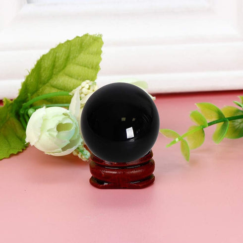 JIC Gem Small Black Obsidian Sphere Ball with Wooden Stand for Fengshui Healing Crystal Decoration (2.2", 55mm)