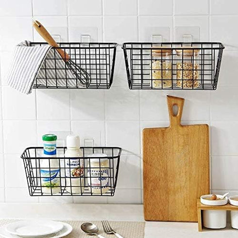 LeleCAT 3 Set Black Adhesive Over the Cabinet Door Wire Baskets for Kitchen, Pantry, Bathroom Shelf Storage
