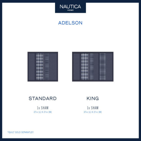 Nautica Sham, Cotton Quilted Bedding Set with Envelope Closure, Pre-Washed Softness (Adelson Blue, 20" x 26")