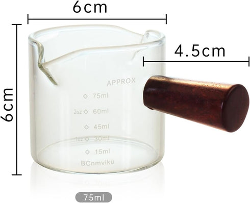 1 Pack Double Spouts Measuring Triple Pitcher Milk Cup with Wood Handle - 75ML Espresso Shot Glasses Parts Clear Glass
