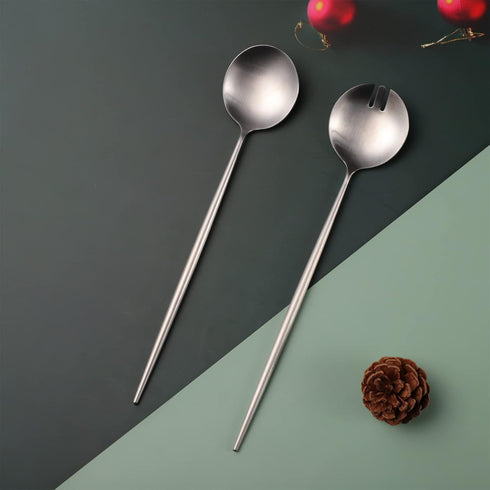 Salad Servers - 11.41 inch Spoon and Fork Set, 18/10 Stainless Steel with Titanium Plating (Black)