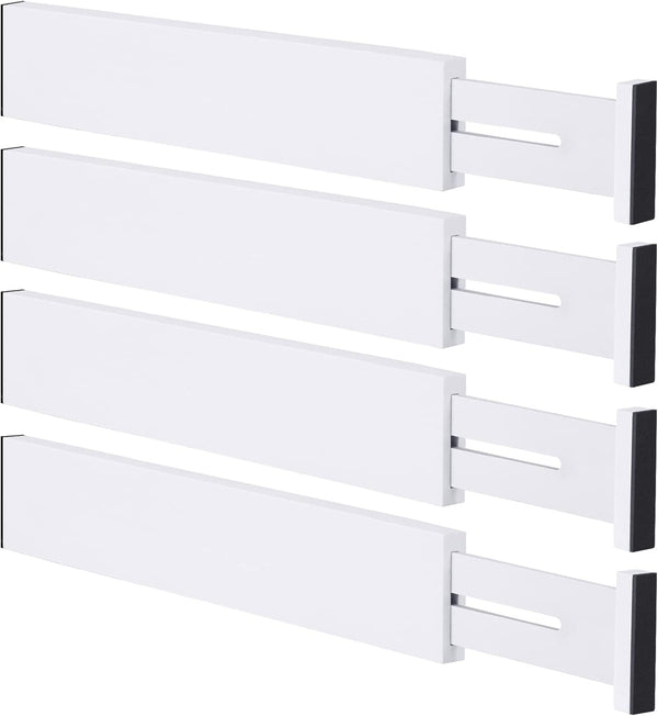 Bamboo Drawer Dividers Organizers, 4-Pack - Adjustable Drawer Divider for Kitchen, Clothes, Bathroom, Office, White