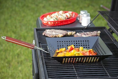 TableCraft BBQ Nonstick 21-Inch Square Grilling Basket with Wood Handle, Black