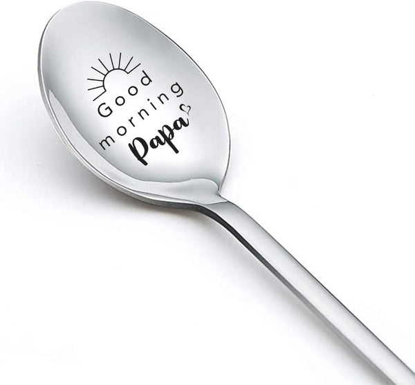 Gift Spoon for Papa from Grandkids - Good Morning Papa Spoons for Grandpa Coffee Lover - Engraved Spoon