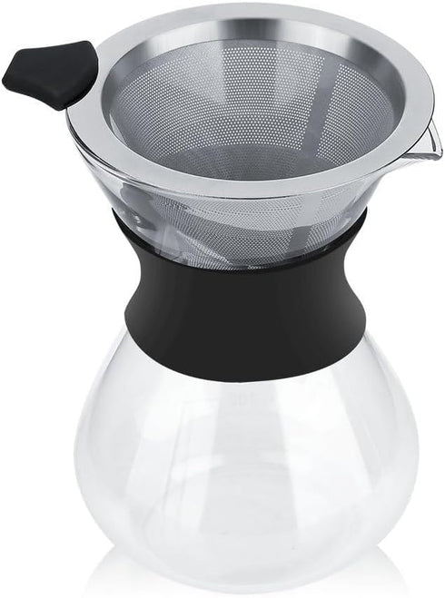 Pour Over Coffee Maker with Stainless Steel Filter, Reusable Glass Coffee Pot Manual Dripper, No Paper Filters
