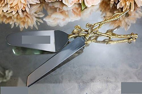 Godinger 2 Piece Gold Leaf Cake Server Set, 1 Cake Knife and 1 Cake Server, Stainless Steel and Brass