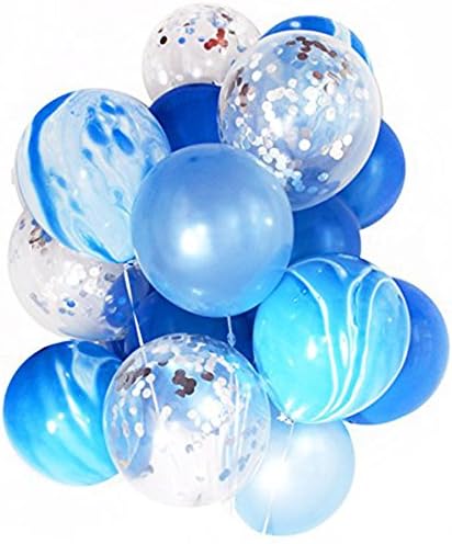 Silver Confetti Balloons 12" Lalex Blue SET 40 - Free Ribbon + Blow Helper for Toddler Boy Party