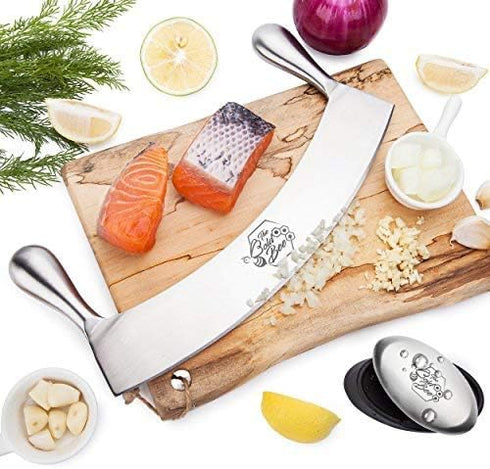 12" Stainless Steel Mezzaluna Knife & Cover + FREE Stainless Steel Soap Odor Remover | Pizza Cutter & Herb Mincer