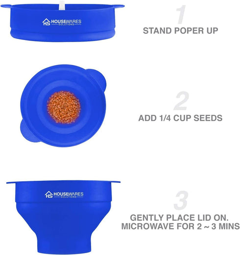 Collapsible Silicone Microwave Hot Air Popcorn Popper Bowl with Lid and Handles - Blue