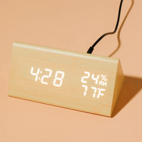 OCT17 Wooden Alarm Clock - Smart LED Digital Clock with Time Temperature, Humidity Display, Bamboo, Adjustable