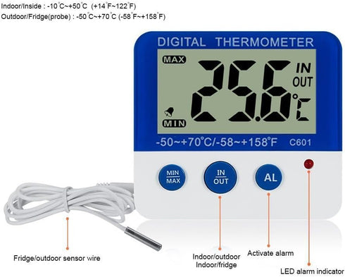 Digital Fridge Thermometer - Magnetic Mount & Stand, LED Alarm, -58°F to 158°F Range