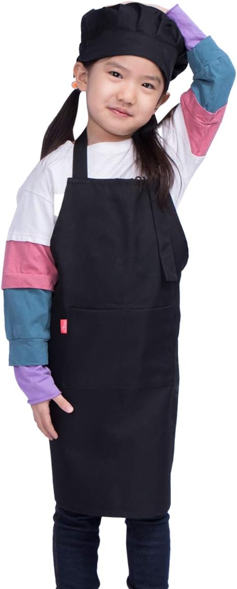 Kids Adjustable Bib Apron and Chef Hat Set, 2 Pockets, Cute Black Kitchen Apron for Boys Girls Cooking (2-5 Year)