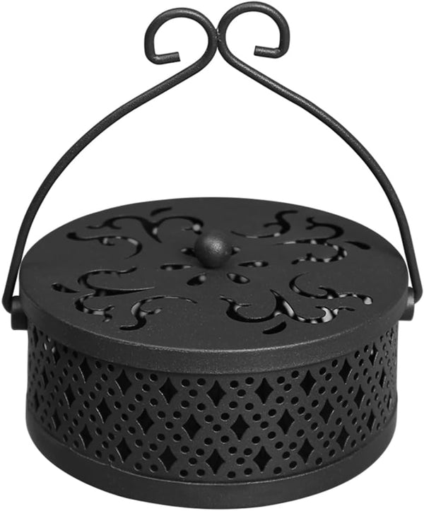 Portable Iron Mosquito Incense Coil Holder Box with Lid and Handle for Home Outdoor Garden, Black