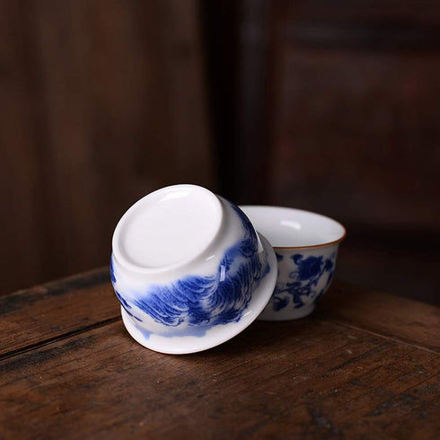 Chinese Handmade Kungfu Tea Cup 60 ml, Blue and White Bone China Tea Cups Set of 3