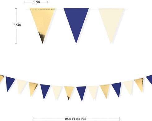 30Ft Navy Blue Gold and Beige Party Decorations, Royal Blue Gold Triangle Flag Pennant Banner for Events