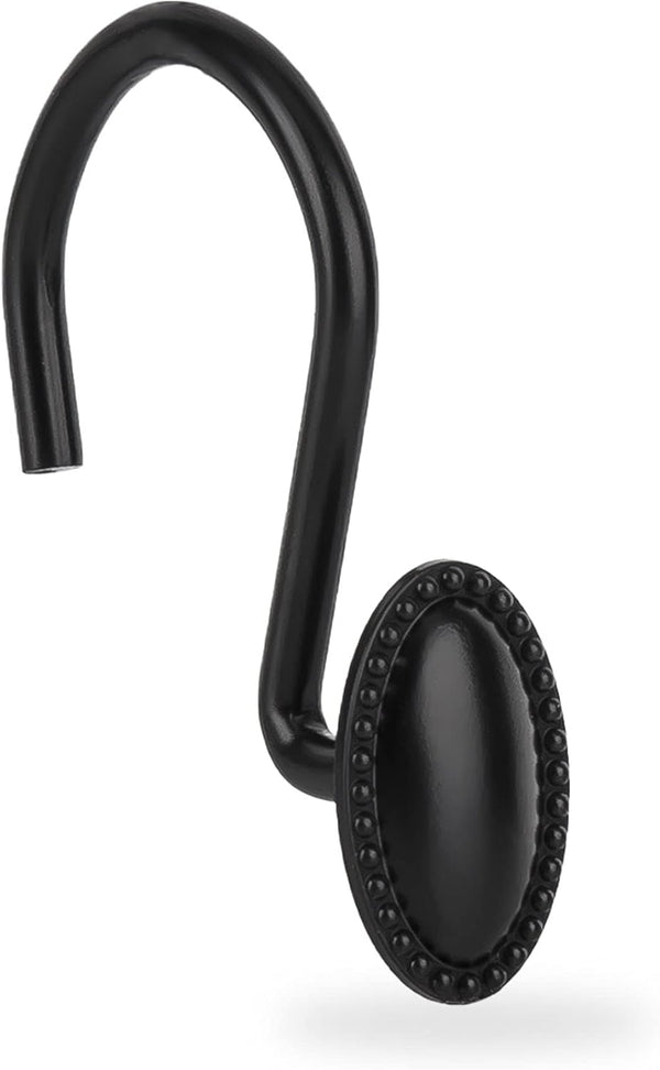 Shower Curtain Hooks, Set of 12, Black, Decorative, Zinc, Rust Resistant, Regular Size for Standard Shower Poles