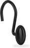 Shower Curtain Hooks, Set of 12, Black, Decorative, Zinc, Rust Resistant, Regular Size for Standard Shower Poles