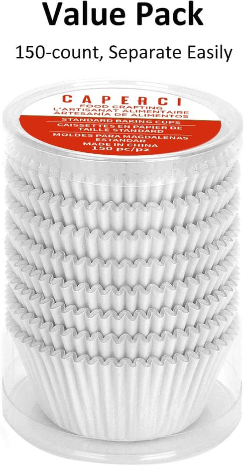 Caperci Standard White Foil Cupcake Liners 150-Pack, Premium Greaseproof Muffin Wrappers for Baking