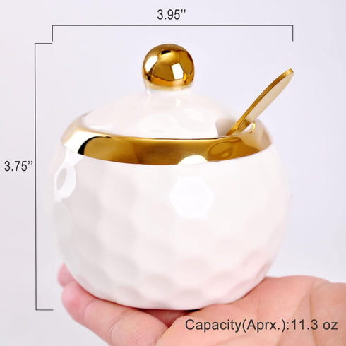 WHJY Ceramic Sugar Bowl with Lid and Spoon, Golf Design Porcelain Salt Bowl Salt Container, Modern Spice Box Seasoning Jar for Home and Kitchen Coffee Bar - White by WHJY
