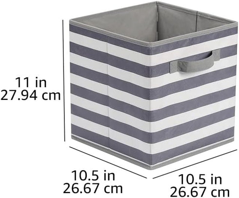 Amazon Basics Collapsible Fabric Storage Cube Organizer with Handles, 10.5 x 10.5 x 11 Inch, White/Light Grey Stripe