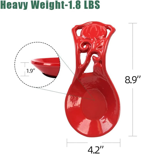 Sturdy Cast Iron Spoon Rest Holder for Stove Top, Unbreakable Kitchen Countertop Ladle Holder, Pumpkin Red
