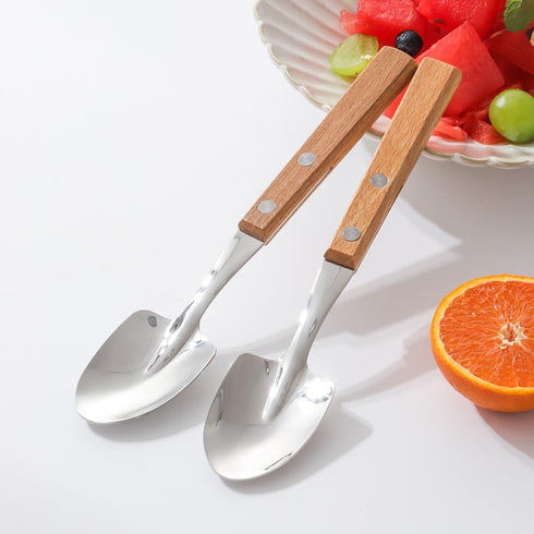 Retro Wooden Handle Spoon, Shovel Shape Stainless Steel Spoons, 4 Pcs Ice Cream Fruit Spoons