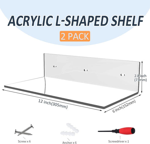 12 Inches 2 Pack, Plants(12 inch, Sezanrpt Acrylic Wall Shelves Floating Shelf for Wall Mounting, Acrylic Display