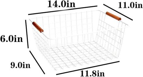 LeleCAT Large White Wire Baskets with Wooden Handles for Storage, Organizer Baskets for Cabinets, Closets, Kitchen