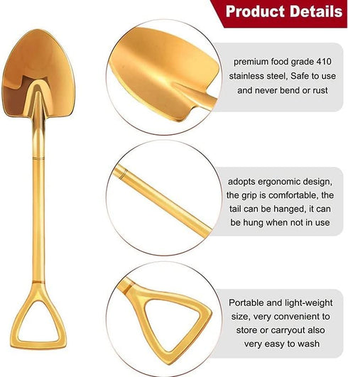 4 Pack Dessert Spoon 6 inch Shovel Shape Stainless Steel Spoons Ice Cream Fruit Spoon for Home Kitchen or Restaurant, Gold