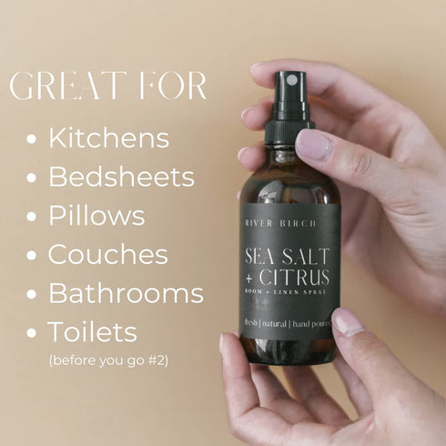 4 oz River Birch Sea Salt + Citrus Scented Linen and Room Spray | Home Fragrance | Glass Amber Bottle | Luxury