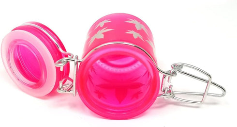Airtight Glass Herb Mini Storage Jar with Clamping Lid, Available in Frosted Neon Pink/Silver Leaves Design