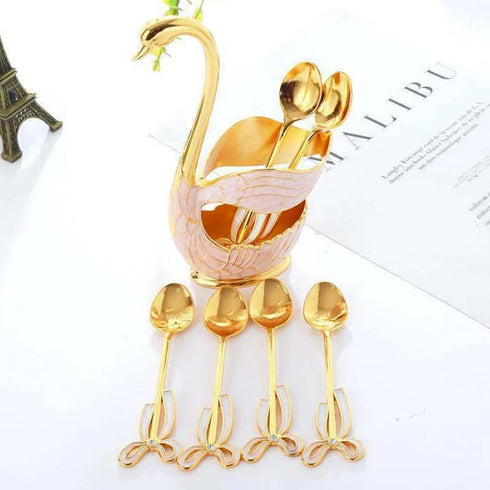 6PCS Coffee Spoons Set, Dessert Spoons with Swan Base Holder, Stainless Steel Small Spoons for Ice Cream