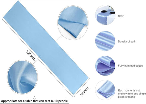 MDS 10 PCS Satin Table Runners, 12 x 108 Inch Charmeuse Sateen Silk for Wedding Reception, Baby Blue