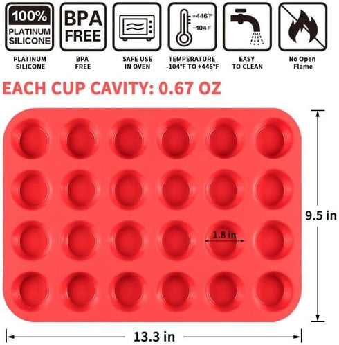 CAKETIME Silicone Muffin Pan Mini 24 Cups - Nonstick Food Grade Baking Pan