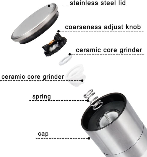 Gulex Salt Grinder Pepper Mill, Refillable, Adjustable Coarseness Black Pepper Grinder, Stainless Steel Sea Salt Shaker