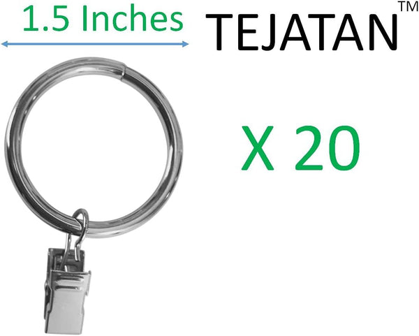 Set of 20 Silver Metal Curtain Rings - 1.5-inch with Clips and Eyelets
