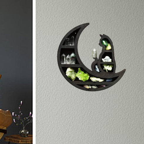 Faddare 1 11.8x11.8x3cm, Wooden Moon Shelf, Shelf, Rustic, Accent Shelf, Decorative Shelf, Black, for Living Room