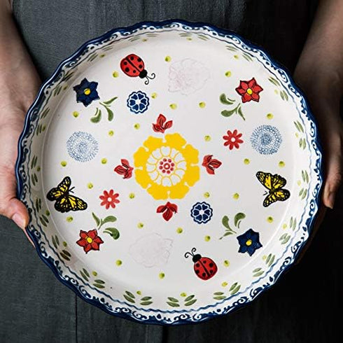 Ceramic Pie Pan, 10 Inch Round Bakeware for Oven (Butterfly Design)