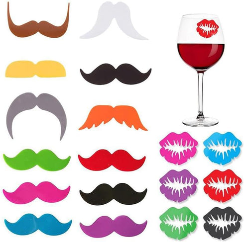 Furimuk 18 Pieces Silicone Drink Markers for Wine Glasses, Beard Lip Shape Charms for Valentine's Day, Christmas Party