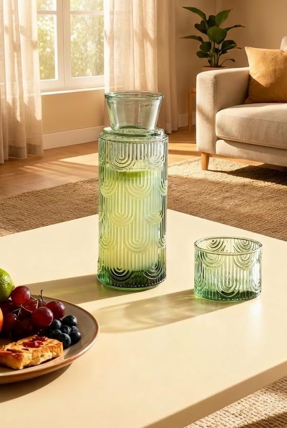 Buminee Mouthwash Dispenser for Bathroom, 21.6Oz Vintage Glass Water Carafe Set with 6Oz
