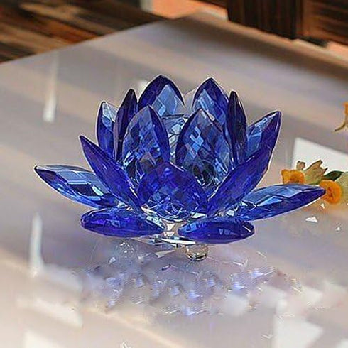 Amlong Crystal 3 Inch Sapphire Blue Lotus Flower Feng Shui Decor with Gift Box
