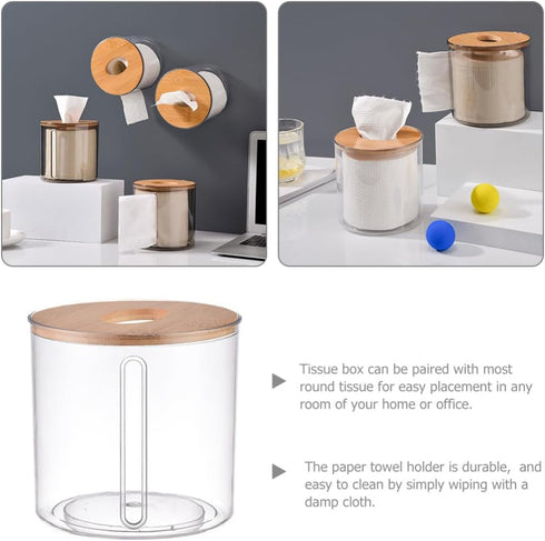 Amosfun Round Wooden Tissue Box Cover, Facial Tissue Holder with Wood Lid for Countertops