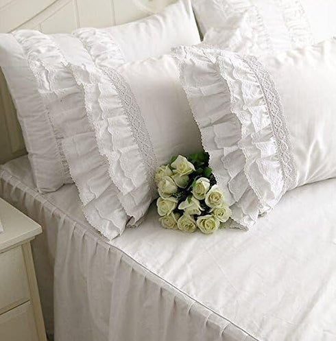 Shabby Vintage White Embroidery Lace & Ruffle Pillowcase Pillow Sham