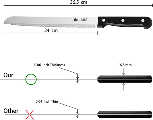 Serrated-Bread Knife 10 Inch, Black Full-Tang and Triple Rivet Stainless Sharp Wavy Edge Wide Bread Cutter, Professional for Slicing Homemade Bread, Bagels, Cake, Dishwasher Safe by dearithe