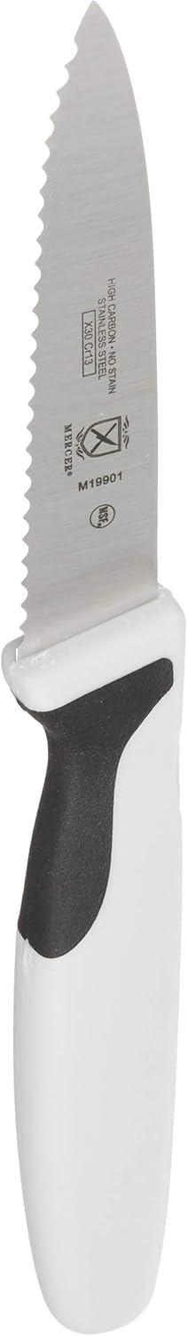 Mercer Culinary M19901P Millennia Paring Knife, 3-Inch Slim Serrated, Black Handle