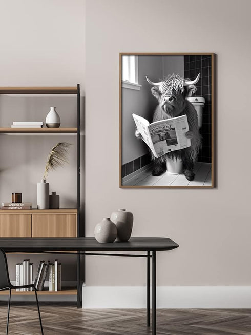 KOEUIRW Funny Highland Cow Bathroom Canvas Wall Art, Black and White Longhorns Poster for Bathroom Decor