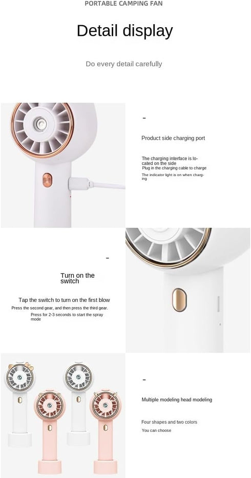 Portable USB Rechargeable Handheld Spray Mini Fan, Misting Fan with 3 Speeds (Cat Series, Pink)